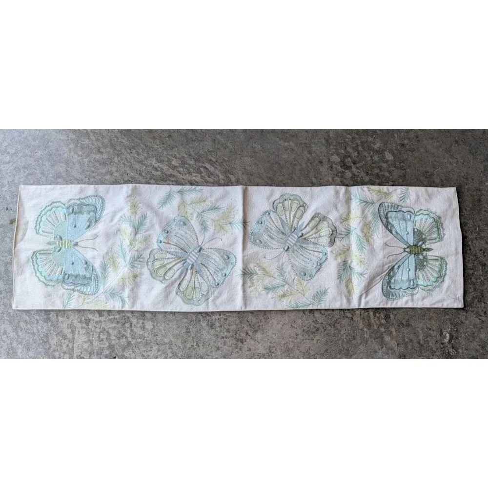 PIER 1 Butterfly TABLE RUNNER~ EMBROIDERED & Embellished w/ Beads Blue Green